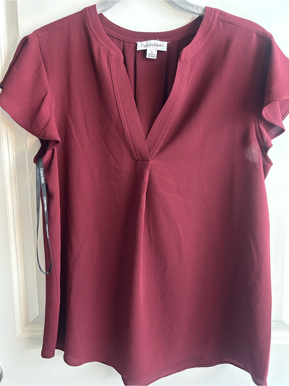 Calvin Klein Burgundy Short Sleeve V-Neck Blouse